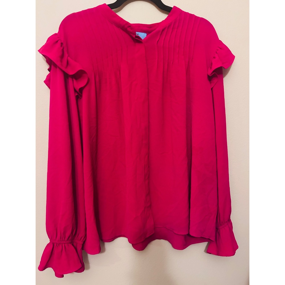 C. Wonder Blouse Womens Large Pink Excellent Ruffle Pintuck Crepe Long Sleeve